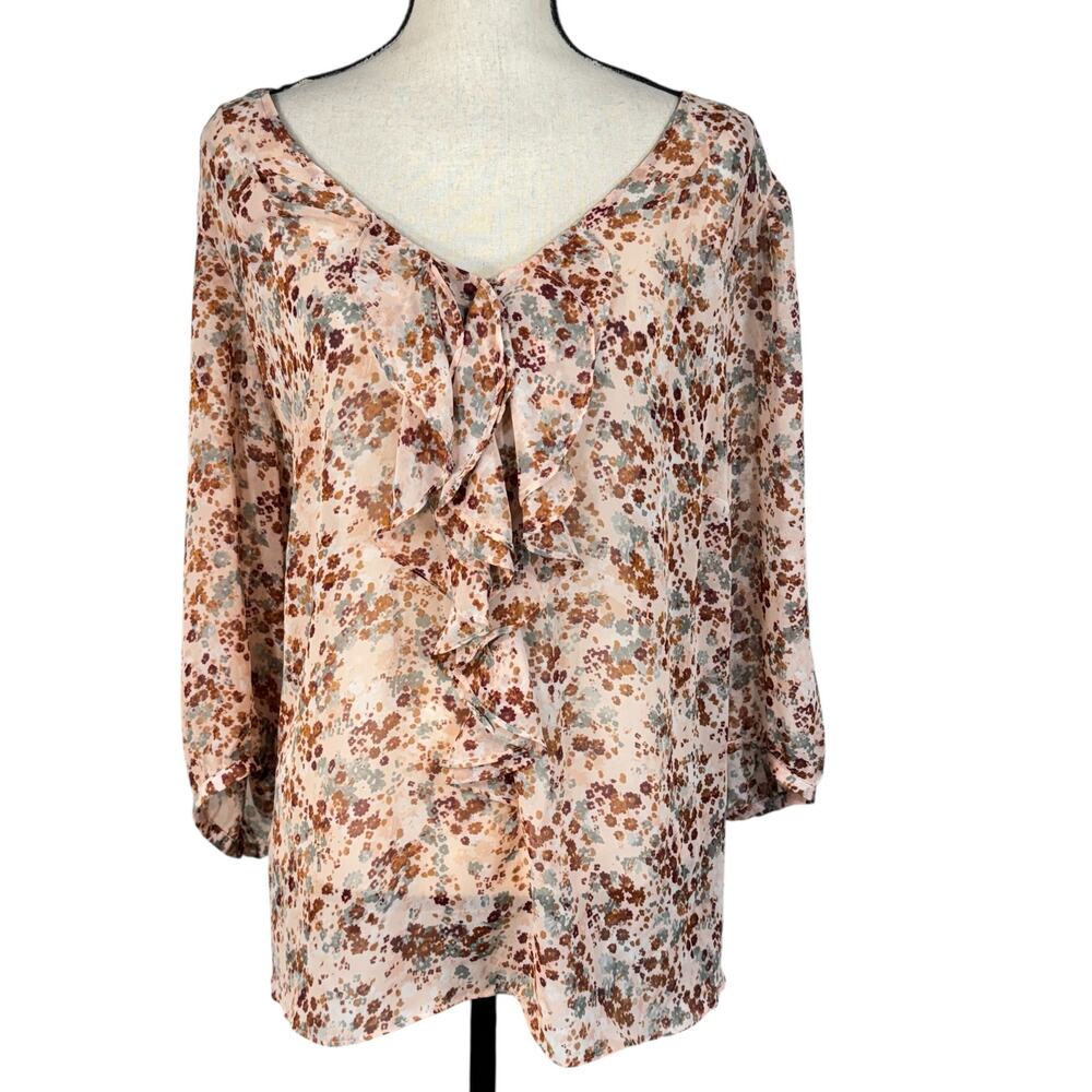 Elle 3X-Large Top Floral Semi-Sheer Ruffled V-Neck 3/4 Balloon Sleeves Multi